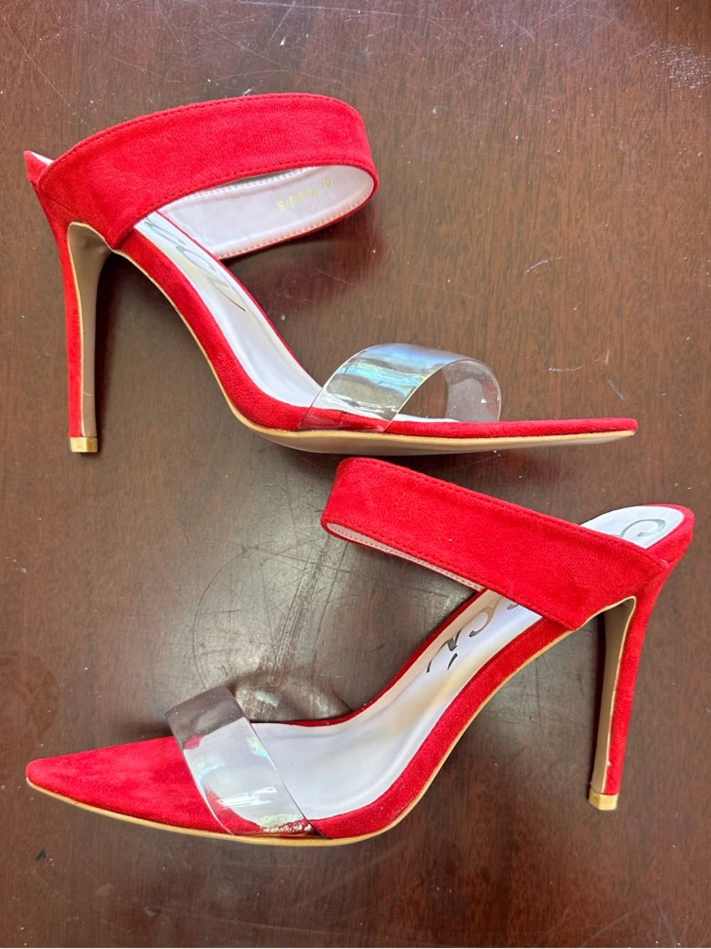 Red Women's Pointed Toe Heels with Clear Strap - Picture 7 of 8